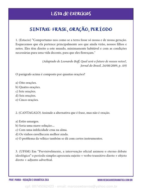 Exercicios Frase Oração E Periodo - Frase, Oração e Período - Lista Extra de Exercícios | PDF