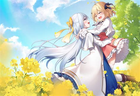 Safebooru 2girls Anisphia Wynn Palettia Blonde Hair Closed Eyes Clouds Euphyllia Magenta