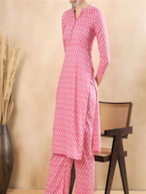 Buy Anouk Pink Ethnic Motifs Printed Mandarin Collar Pure Cotton Straight Kurta With Trouser