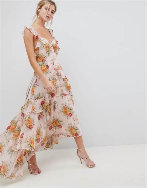 Asos Design Asos Design Ruffle Maxi Dress In Rose Floral Print