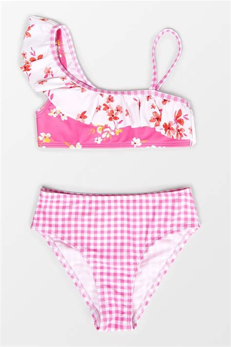 Girls Ditsy Mix Ruffle One Shoulder And Hipster Bikini Set Shopperboard