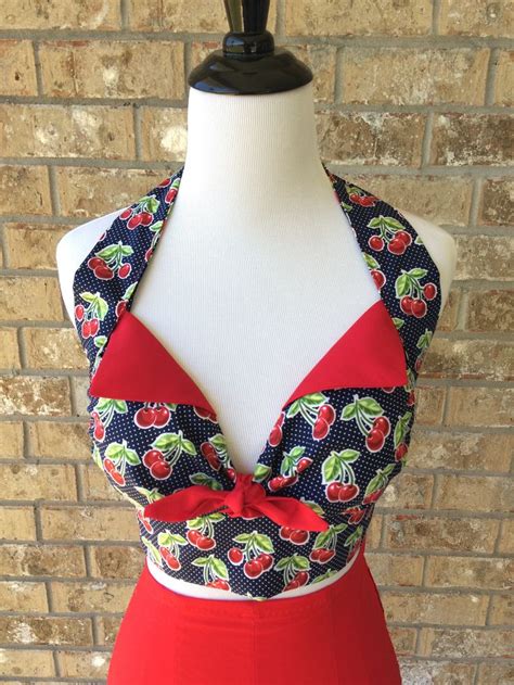 Rockabilly Navy Blue Halter Top With Red Cherries