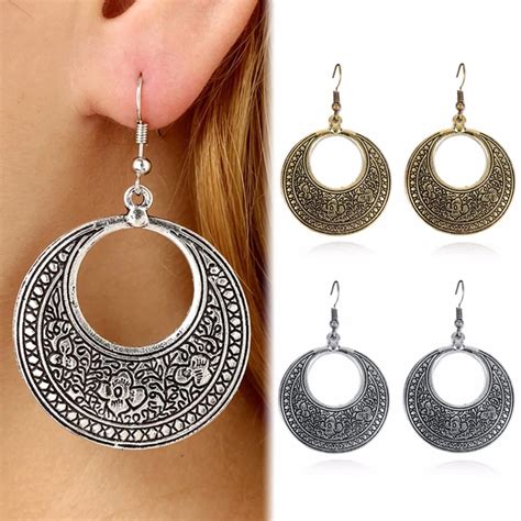 1 Pair Ethnic Tibetan Silver Jewelry Round Circle Earrings Boho Gypsy