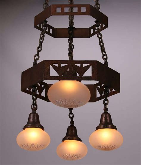 Arts And Crafts Hammered Copper Cutout Four Light Chandelier C1910