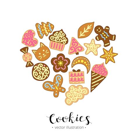 Galletas de dibujos animados en forma de corazón Vector Premium