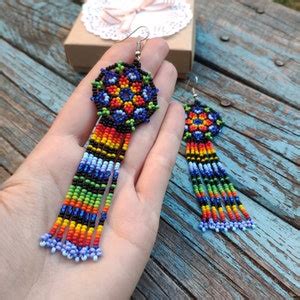 Colorful Beaded Huichol Earrings For Women Flower Fringe Etsy