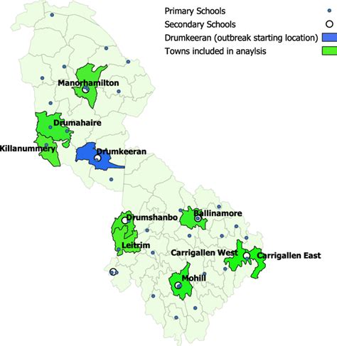 Map of Leitrim County showing locations of primary and secondary ...