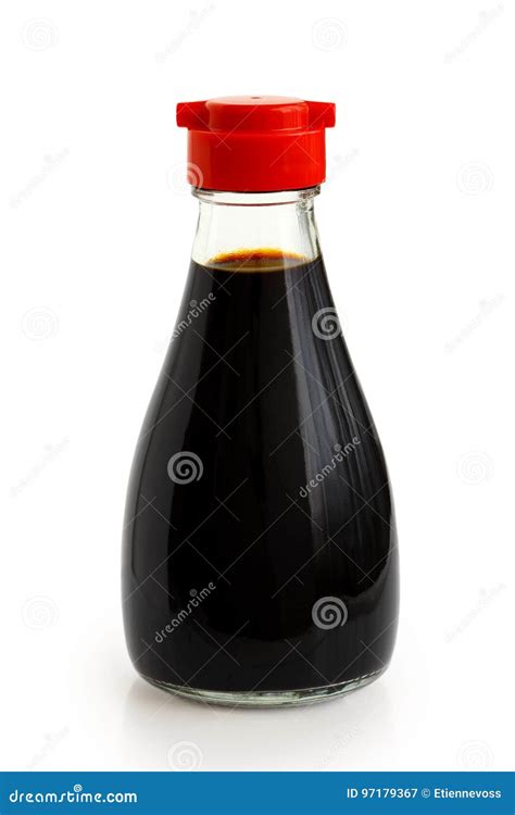 Glass Bottle Of Soya Sauce With Red Plastic Lid Isolated On Whit Stock