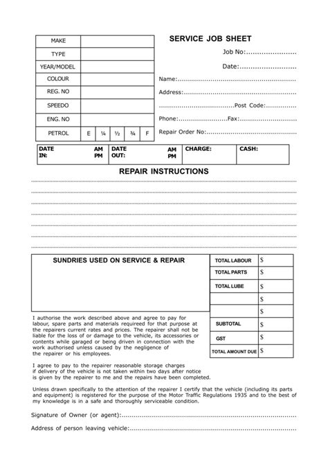 Service Job Sheet Repair Instructions