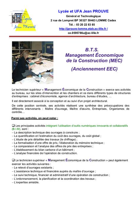 BTS Management économique de la construction Lycée Jean Prouvé