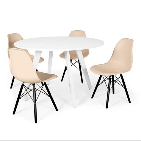 Conjunto Mesa De Jantar Redonda Amanda Cm Branca Cadeiras Eames Eiffel Base Preta Nude