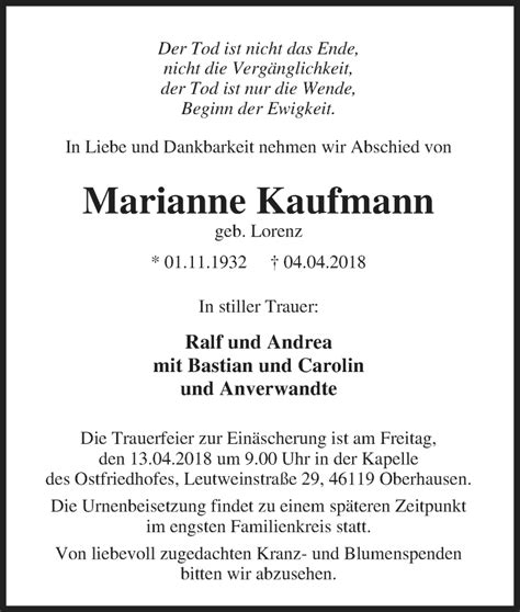 Traueranzeigen Von Marianne Kaufmann Trauer In Nrw De