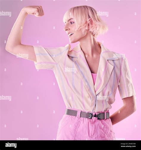 Woman Flexing Arm Muscle And Smile Power And Strong Female And Winner