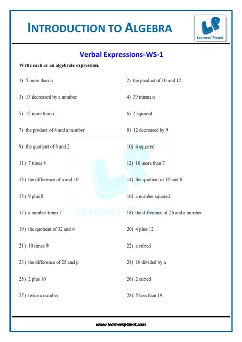 Introduction To Algebra Maths Worksheets Class Vi