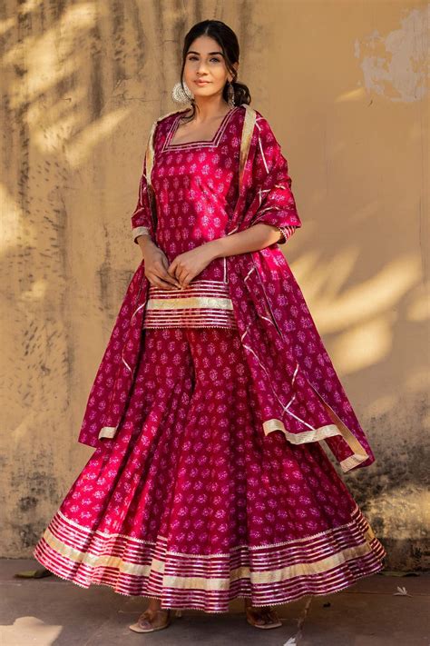 Buy Pink Floral Square Neck Print Kurta Sharara Set For Women By Pomcha