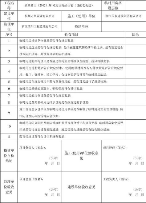 杭州市建设工程临时用房检查验收表word文档在线阅读与下载无忧文档