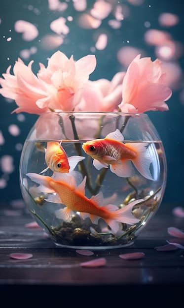 Premium Photo Fish Bowl Filled With Goldfish And A Pink Flower