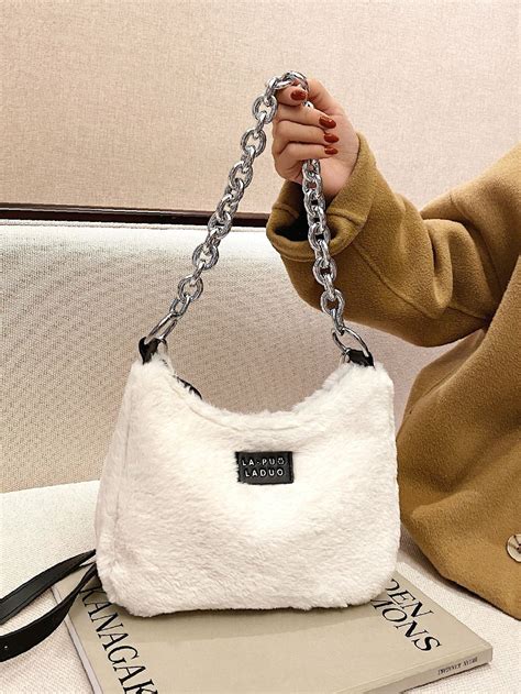 Olivia Mark Letter Patch Chain Fluffy Baguette Bag Women Shoulder