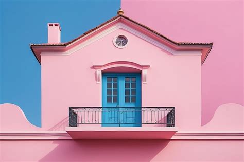 Premium Photo | Gable house front view with pink wall and blue sky ...