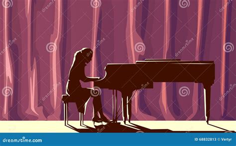 Silhouette Pianist In Concert Hall In Spotlight Cartoon Vector