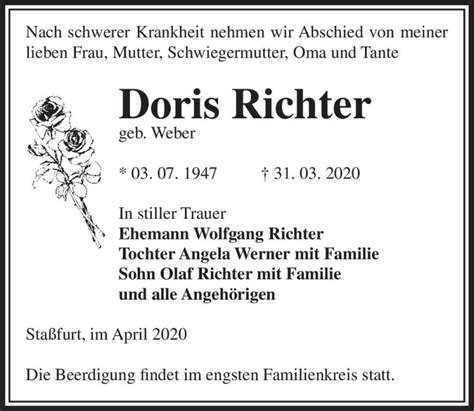 Traueranzeigen Von Doris Richter Geb Weber Abschied Nehmen De