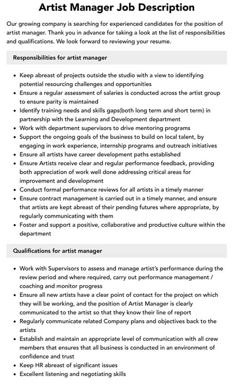 Artist Manager Job Description Velvet Jobs