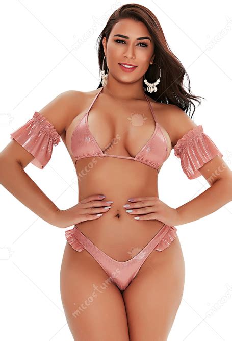 Women Halter Swimsuit Bikini Set With Sleeves Bathing Suit Ruffled Swimwear Two Piece