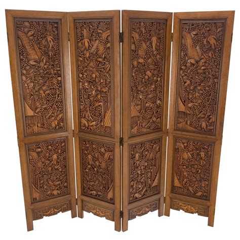 Hand Carved Vintage Solid Teak Folding Screen Room Divider Brass Inlaid