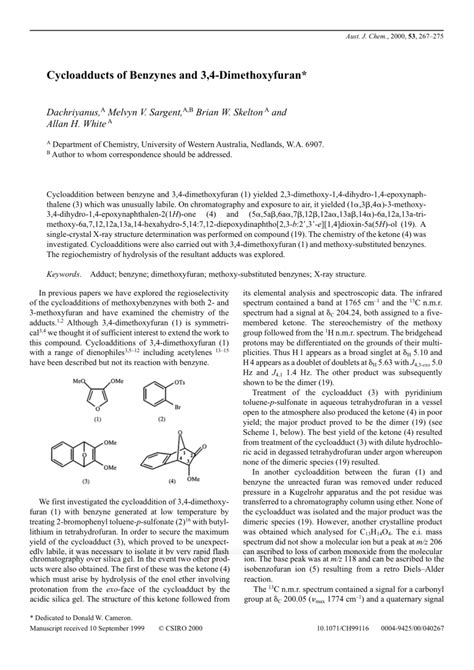 Pdf Cycloadducts Of Benzynes And 34 Dimethoxyfuran