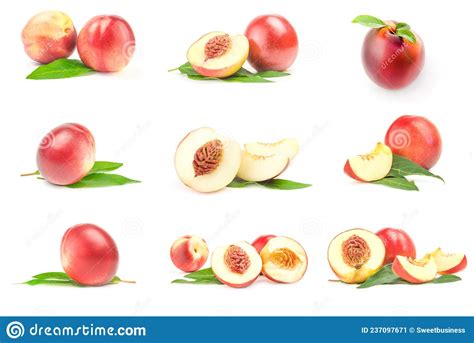 Collage Of Beautiful Ripe Peaches Isolated On A White Cutout Stock