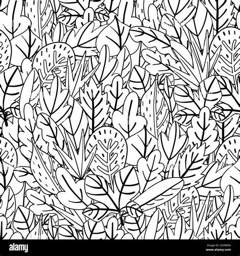 Doodle Leaves Seamless Pattern Whimsical Plants Coloring Page Black