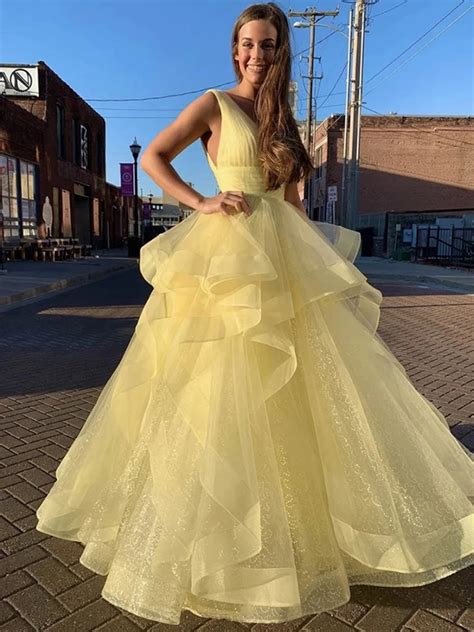 V Neck Sequins Yellow Long Prom Dresses V Neck Sequins Yellow Formal