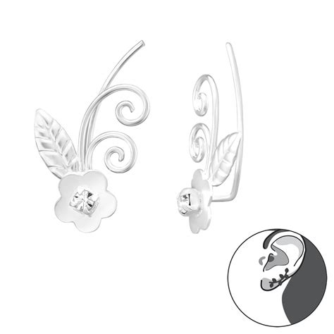 Ear Climber Blume 925 Sterling Silber Mit Kristall Ohrstecker Ohrklemme