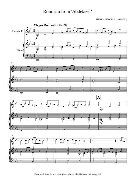 Purcell Henry Rondeau From Abdelazer For French Horn Free Sheet Music For French Horn