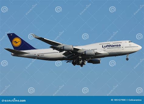 Lufthansa B747 Plane Approaching Frankfurt Airport FRA Editorial Image