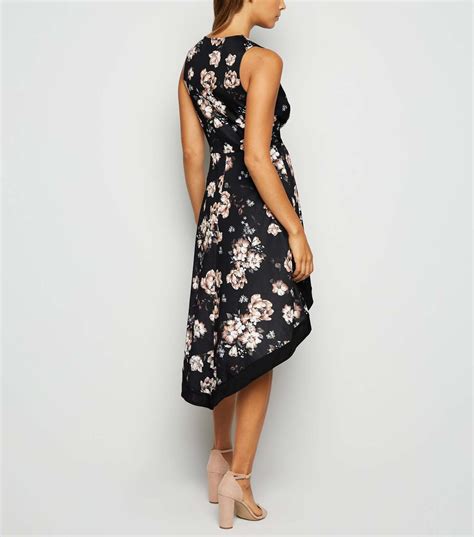 Mela Black Floral Dip Hem Wrap Dress New Look