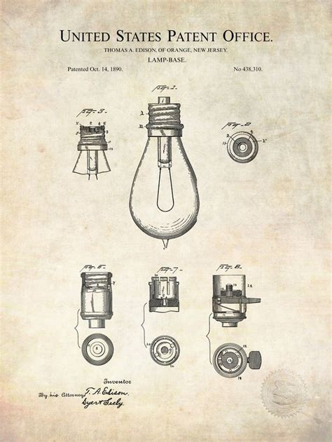 Edison Lamp Base Patent Print Thomas Edison Bulb Edison Art Image 3