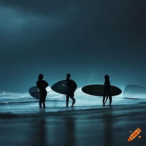 Surfers Riding A Wave Under A Dramatic Night Storm On Craiyon