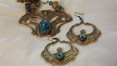 French Art Nouveau Necklace And Antiqued Brass Matching Earrings