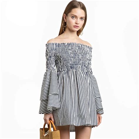 My Mayaasos 2017 Striped Smocked Off Shoulder Sexy Mini Dress Ruffle