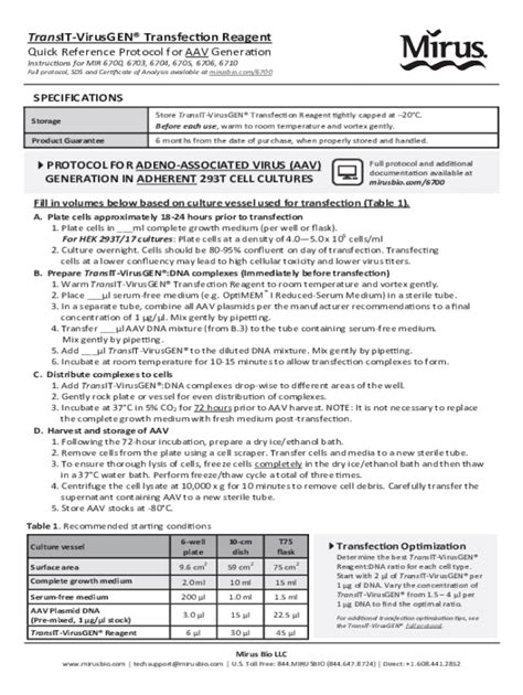 Fillable Online TransIT VirusGEN SELECT Transfection Reagent Safety