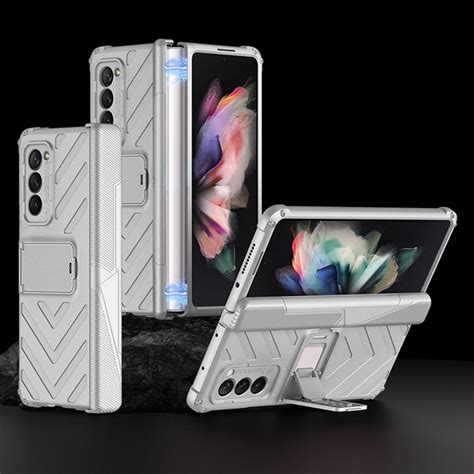 For Samsung Galaxy Z Fold2 5g Gkk Integrated Magnetic Armor Flip Phone Case With Holder Silver