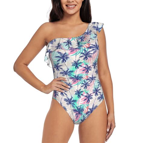 Easygdp Palm Leaves Womens One Shoulder Ruffle Monokini Bathing Suits