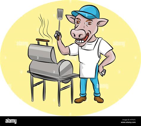 Cow Barbecue Chef Smoker Oval Cartoon Stock Vector Image And Art Alamy