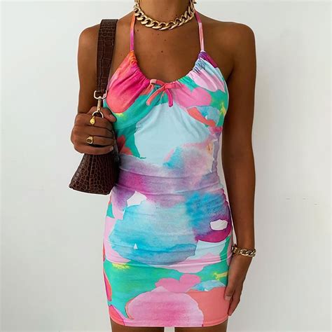 Womens Dresses 2021 Nadafair Tie Dye Mini Bodycon Dress Sexy Women Sleeveless Halther Backless