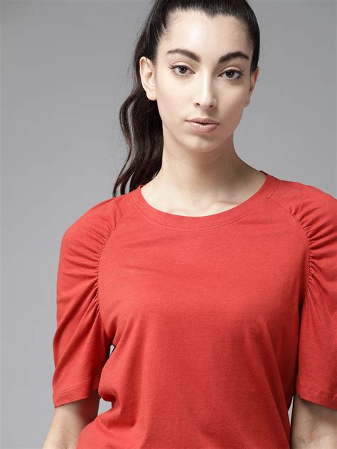 Buy The Roadster Lifestyle Co Women Rust Orange Solid Puff Sleeves Top Tops For Women 13287586