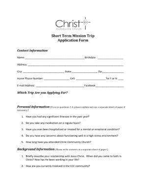 Fillable Online Short Term Mission Trip Application Form Christ