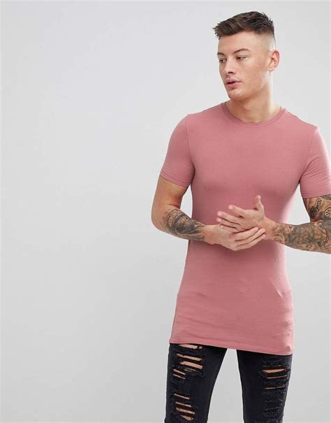 Asos Design Longline Muscle Fit T Shirt With Crew Neck In Pink Long