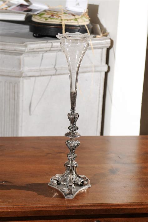 English Late Victorian Epergne With Silver Base And Crystal Vase 19th Century For Sale At