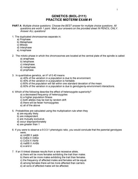 Genetics Midterm 1 Practice GENETICS BIOL 21 11 PRACTICE MIDTERM